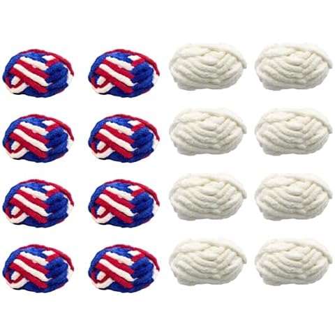 Chunky Chenille Yarn 16 Pack for Blanket, Multi Blue Red White 8 Pack + White 8 Pack Super Soft Thick Fluffy Jumbo Chunky Chenille-Style Polyester Yarn Cover