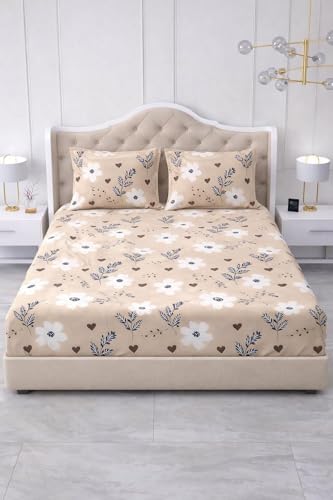 Image of 300 TC Cotton Feel Glace Cotton Elastic Fitted Bedsheet for King Size Double Bed | Fits up to 8 Inch Mattress | Printed Bedsheet with 2 Pillow Covers (Cream, Double Size - 72 inchx72 inch)