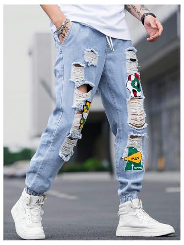Men's Ripped Drawstring Waist Jeans Graphic Patched Distressed Denim Pants4