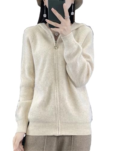 Women Hoodie Cardigan Zipper 100% Solid Cashmere Sweater Long Sleeve Knitted Coat