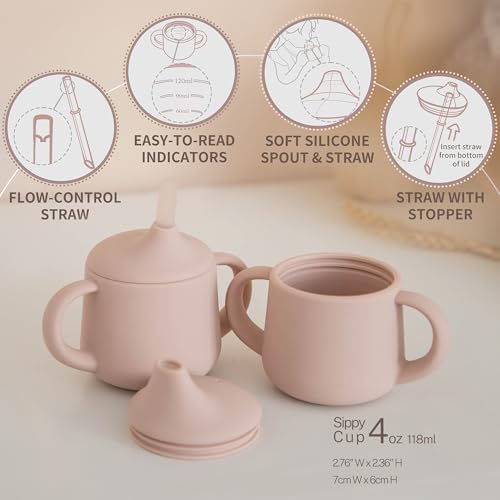 Image of Moonkie Silicone Baby Sippy Cups | 3 Stages Training Cup Straw Cup for Infants Toddlers and Kid | 4 oz (Blush)
