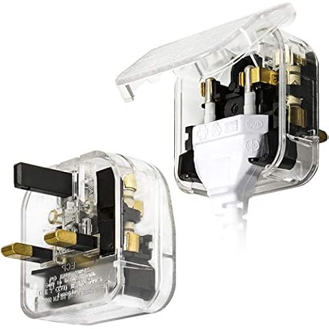 2pcs European to UK Plug Adaptor with Circuit Protection Fuse Transparent Shell (2 Pole Euro to 3 Pin UK Plug) Cover