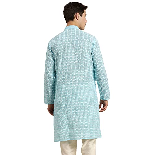Image of SOJANYA (Since 1958, Men's Pure Cotton Blue Kurta with White Embroidery