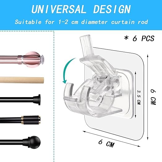 Image of No Drill Curtain Rod Brackets No Drilling Self Adhesive Curtain Rod Holder Hooks Nail Free Adjustable Curtain Rod Hooks Curtain Hangers for Bathroom Kitchen Home Bathroom and Hotel 6 PCS