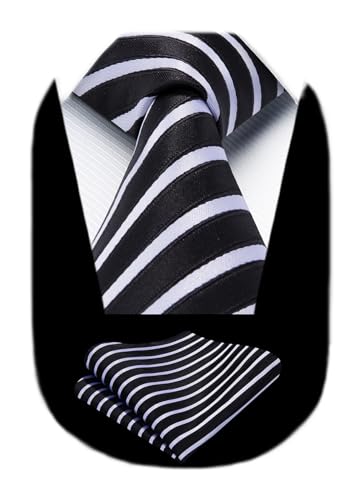 Image of HISDERN Stripe Tie Mens Ties with Pocket Square Set Classic 3.4'' Silk Formal Necktie Handkerchief for Business Wedding