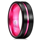 King Will 8mm Black Tungsten Rings for Men Two Tone Mens Wedding Band Cool Promise Ring Engagement Centre Grooved Thin Lines Matte Finished Beveled Edge Comfort Size, Pink 11