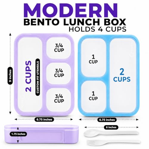 Image of Bento Lunch Box for Kids or Adults, Snack Containers for Boys, Girls, School Daycare Work, 3 & 4 Divided Compartments Meal Planning Portion Control, BPA-Free Boxes, Utensils | Blue Purple 2 Pack