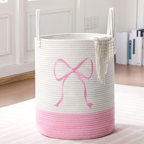 Image of Honeydak Pink Laundry Basket Bow Hamper Coquette Laundry Basket Cotton Rope Pink Hamper 15 x 17.7 Inches Toy Box Large Coquette Bow Teens Girls Room Storage for Blanket Toys Clothes Organization