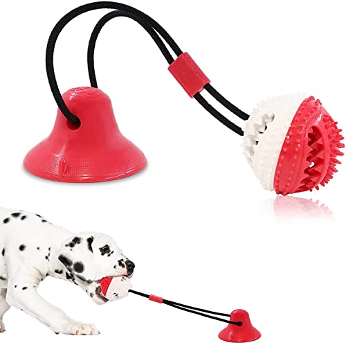 NEOMART Dog Chew Toys with Sucker, Dogs Training Treats Teething Rope Toys with Suction Cup for Boredom, Dog Puzzle Treat Food Dispensing Ball Toy, Suitable for Small Medium Large Dogs (RED)