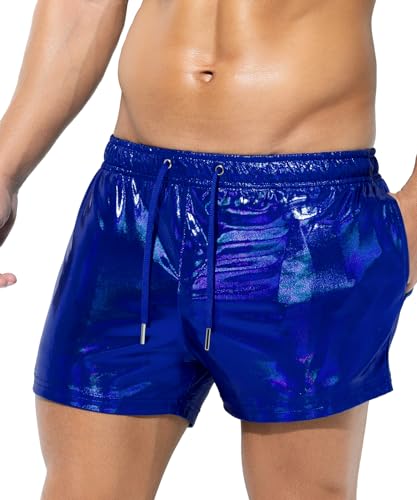 Casey Kevin Men's Holographic Metallic Short Sparkly Shiny Short Pants Rave Outfit Hot Shorts with Pockets and Drawstrings