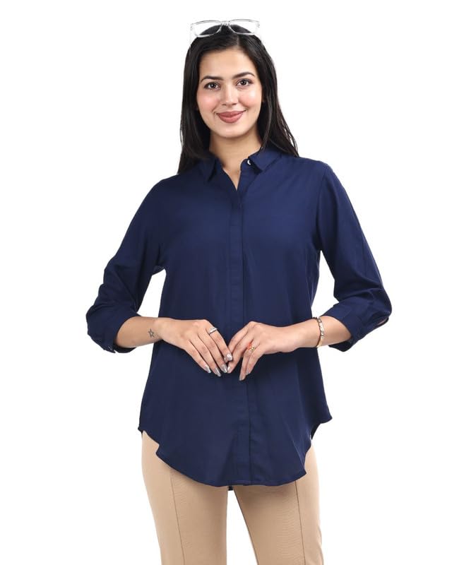 Image of Mlada Hemline Solid Shirts for Women | 3 /4 Sleeves Classic Rayon Shirt for Office Wear | Collared Neck Shirt for Girls | Regular Fit Shirts | Smart Formal Button Down Shirt for Women