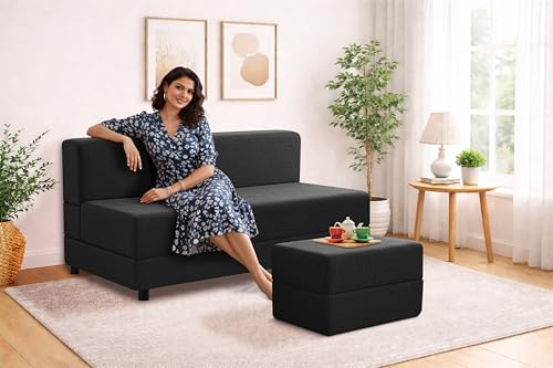 Image of 5X6-Feet Leg Sofa Cum Bed with Ottoman | Jute Fabric 3 Seater Convertible Sofa Bed | Modern Space Saving Furniture for Living Room | Black