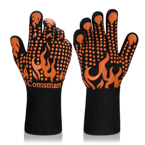 Image of Comsmart BBQ Gloves, 1472F Heat Resistant Grilling Gloves Silicone Non-Slip Oven Gloves Long Kitchen Gloves for Barbecue, Cooking, Baking, Short, Orange