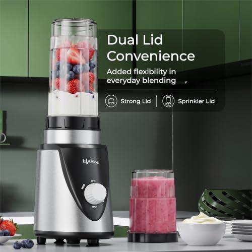 Image of Lifelong Nutri Blender with 2 Jars (300ml, 500ml) | 450W Motor, 2 SS Blades(4 & 2 Leaf), 2 Lids(Strong & Sprinkler), Leak Proof Jars for Blending, Mixing, & Grinding Juice, Smoothie, Chutney, & Masala