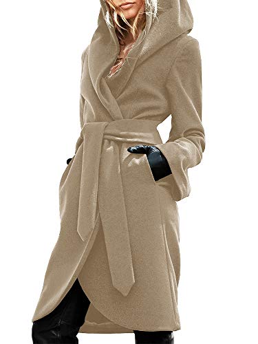 SySea Womens Fall Winter Hooded Woolen Coat Open Front Mid Length Wrap Belt Overcoat Robe Outerwear (A Khaki, Large)