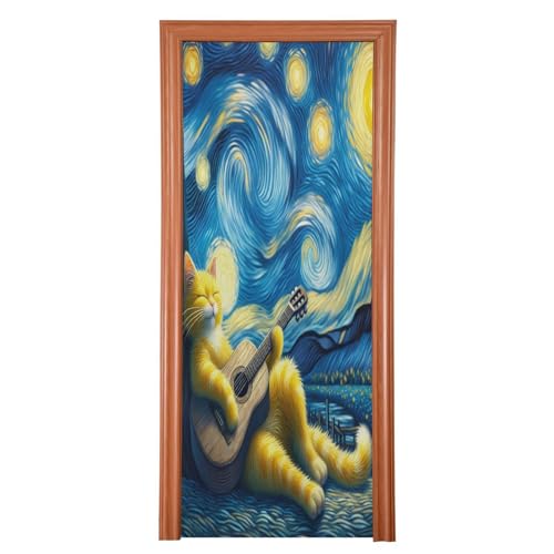 FLildon Starry Night Guitar Cat Door Cover Decoration, Party Accessory Porch Decor for Festive Ornament Room Door Covers 35 x 79 Inch