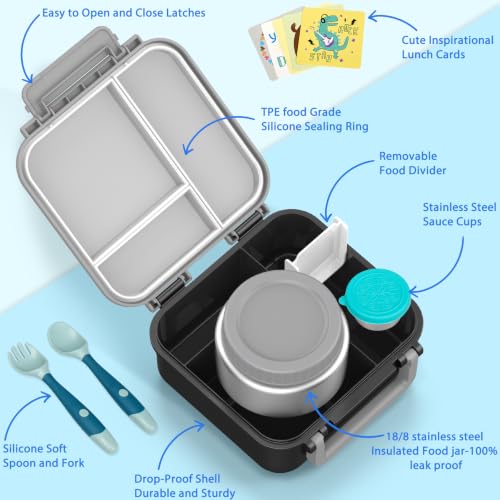 Image of Kids Bento Lunch Box with 9oz Soup Thermo Leakproof Lunch Food Containers 4 Compartment with Insulated Hot Food Jar for Kid Toddler Girls Boys to School, Trvael