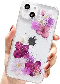 AMART for iPhone 13 Case Flowers, Clear Cute Glitter Pressed Dried Flower Design Transparent Soft TPU Rubber Slim Protective Floral Women Girls Cover for iPhone 13 (Pink Gypsophila)