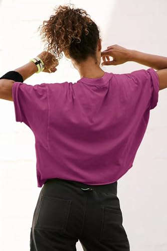 Image of HUGOOME Womens Oversized Workout Crop Top Casual Short Sleeve Boxy Roll Hem