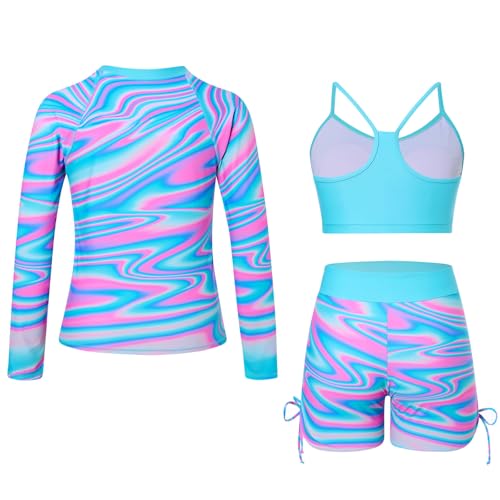 Image of Funnycokid Girls Swimsuit 3 Pieces Zip Rash Guard Bathing Suits Set Kids Bikini Boyshort Summer Swimwear 3-14 Years