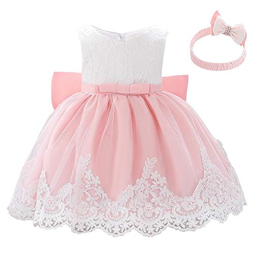 Lito Angels Vestidos Elegante Bebe Niña en Flor de Encaje Bordado y Tul Rosa, con Diadema de Lazo, para Boda Fiesta Ceremonia, Talla 12-18 Meses 426