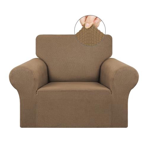 KEKUOU Stretch Single Sofa Slipcover 1 Piece Couch Sofa Cover (31"-55") Furniture Protector 1 Seater Sofa with Elastic Bottom for Kids,Pet.Jacquard Small Checked Pattern Fabric(Small,Camel)