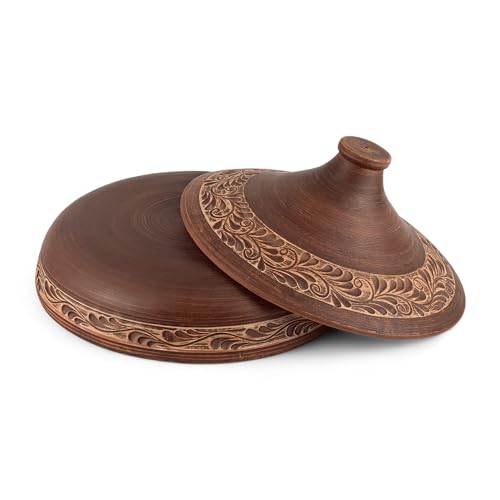 Handmade Red Clay Stoneware Tajine. Engobe Décor, Tajine with Ceramic Cone-Shaped Closed Lid, Tagines Pots With Pre Seasoned Cast Iron Diffuser, Caribbean One-Pot Tajine Cooking, Cookware Gift (Red 2.1 Qt) - Thumbnail 6
