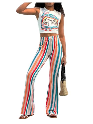 Image of Floerns Girl's Striped Print Tank Vest with Flared Leg Pants Set 2 Piece Outfits