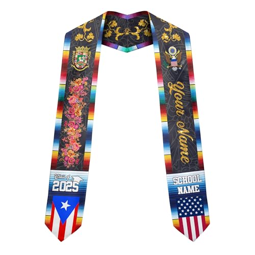 MonkeyVan Custom Puerto Rican Graduation Stole, Puerto Rico Graduation Sash, Puerto Rico American Flag Grad Sash Class Of 2025 Pr 15