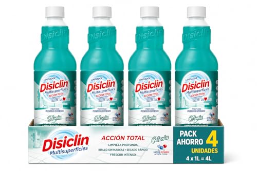 Disiclin Limpiador Multisuperficies Acción Total Colonia 1L Pack de 4 | Limpiador Multiusos para Suelos y Superficies | Frescor Intenso y Brillo | Limpieza Diaria para Hogar y Oficina