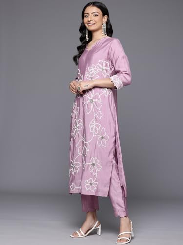 Image of Varanga Women's Silk Blend Kurta Set - Elegant Mauve Silk Kurta for Festive & Special Occasions