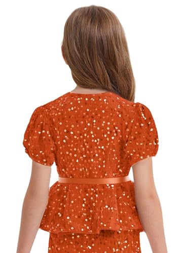 renvena Kids Girls Sequin Velvet Tops Sparkle Glitter Dressy Blouse Puff Sleeve Peplum Tops with Belt4