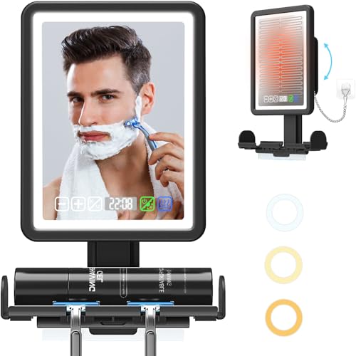 Shower Mirror Fogless for Shaving LED Heated Rechargeable Fogless Mirror for Shower with Digital Clock & Storage Tray 3 Color Lighting Dimmable Touch Screen Anti-Fog Shaving Mirror for Shower