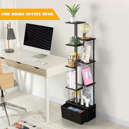 Vrisa Bookshelf with Fabric Drawer 7 Tier Bookcase with Storage 53\" Tall Narrow Industrial Book Shelf Open Freestanding Shelf Organizer Unit for Living Room, Bedroom, Home Office, Black - Thumbnail 5