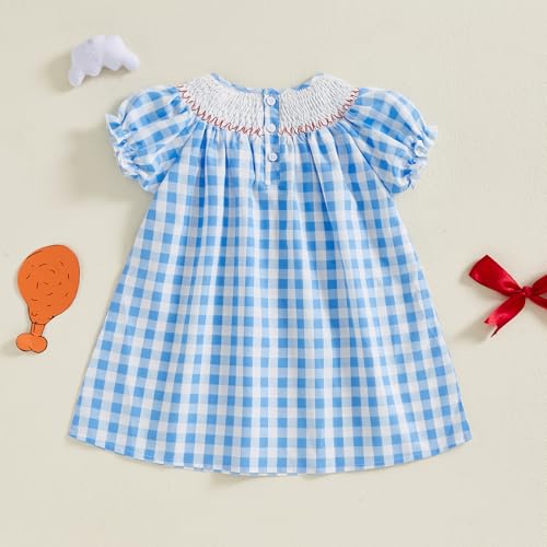 Toddler Girl Farm Animal Dress Short Puff Sleeve Chicken Bow Embroidery Plaid Print Smocked Dress Kids Casual Summer Dress2