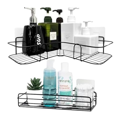 Porta Shampoo Reto e de Canto com Ventosa Ganchos Adesivos Organizador Multiuso Suporta Até 5kg (Preto)