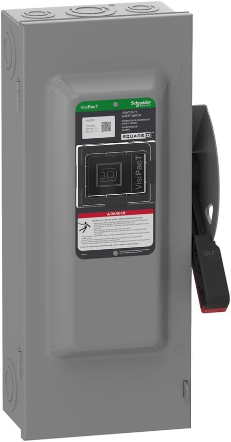Square D by Schneider Electric VHU363 VisiPact Heavy Duty Safety Switch with Viewing Window and Red (On) and Black (Off) Indicators, Unfused 3 Pole, 100A, 600VAC/600VDC, Type 1