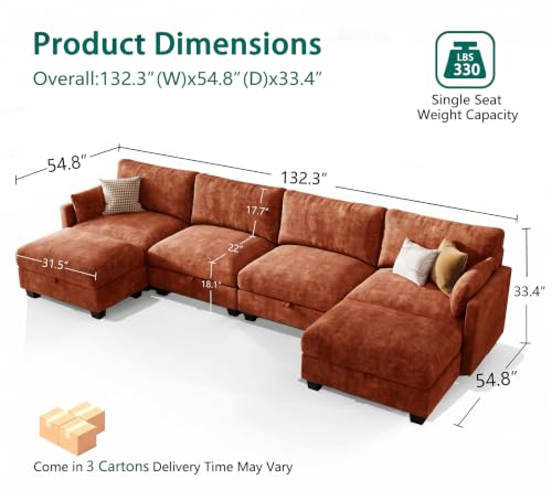 Image of Modular Sectional Sofa, 132 inch U Shaped Couch with Storage