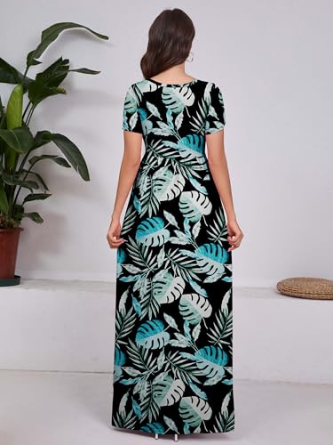 DEARCASE Women Floral Maxi Dress Black Rainforest Small Round Neck Boho Short Sleeve Sundresses A-line Casual Hawaiian Flowy Party Spring Summer Vacation Beach Long Dresses with Pockets — view 2