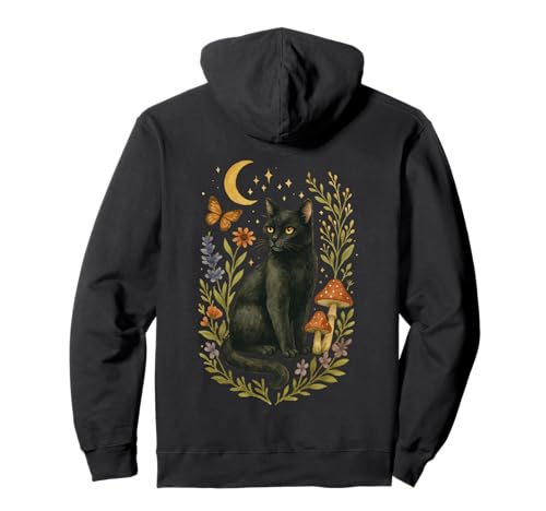 Gato Negro Místico Cottagecore Luna Setas Mariposa Sudadera con Capucha