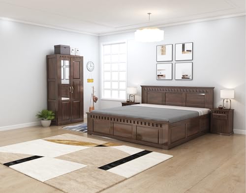 Image of SONA ART & CRAFTS Kuber Solid Sheesham Wood Bedroom Set | Queen Size Bed with Box Storage, Wardrobe & Two Bedside Tables - Walnut Finish (Assembly Included)