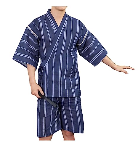 ZEALMAX Men's Kimono Japanese Jinbei Shirt and Pant Cotton Linen Loungewear Lounge Set Spa Bathrobe, Style 3 Multicolor
