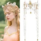 FRESHME Renaissance Fairy Elf Crown - Fairy Headband Elf Headwear with Tassel and Pearl Elven Tiara Halloween Costumes Dress Up Renfaire Christmas Hair Accessories for Adult