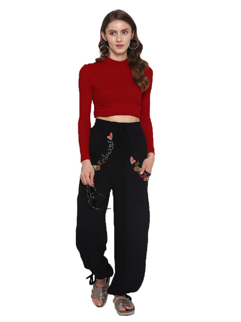 TAURUS Black Embroidered Rayon Crepe Harem Pants for Women