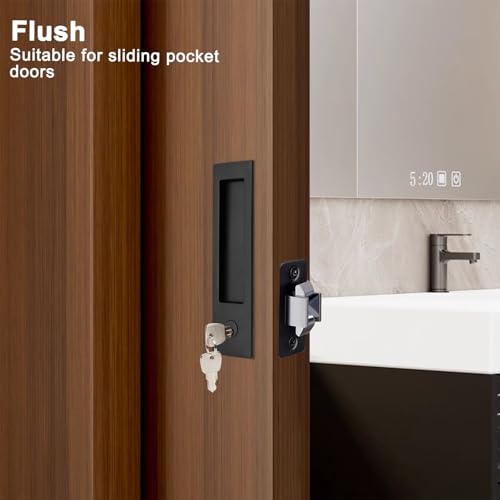 Manija con Cerradura y Manijas de Borde para Puerta Corrediza, Diseño Moderno Rectangular Estrecho con Función de Entrada con Llave, Herraje Empotrado para Puerta de 1 3/8” a 2 3/16” de Grosor (1, Negro Mate) miniatura 5