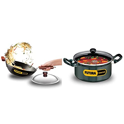 Hawkins Futura Non-Stick Stir-Fry Wok (with Stainless Steel lid) 3 L, 28 cm, 3.25 mm and Q34 Futura Non-Stick Stewpot with Glass Lid, 3 litres
