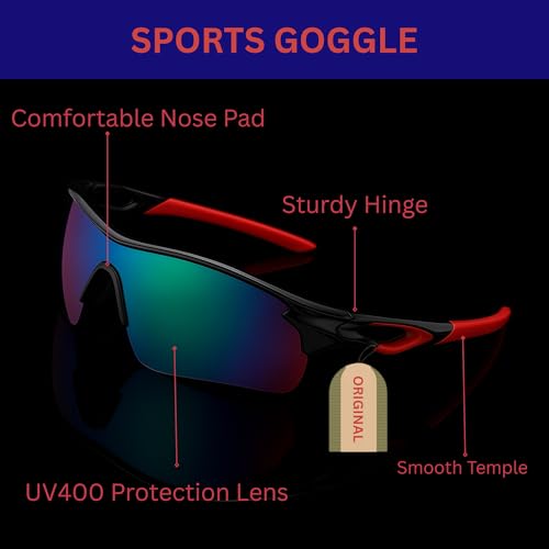 Image of Oversized Sports Goggles for Men & Women UV400 Protection Non Polarized Cycling Running Cricket Driving Fishing Outdoor Lightweight Wraparound Design Clear Vision Eyewear. (Red + Green)