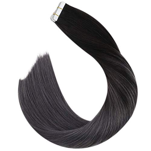 Invisible Tape in Hair Extensions 24 Inch Natural Hair Tape in Extension Balayage #1B Off Black to Silver Skin Weft Glue in Remy Hair 40 PCS 100 Gram