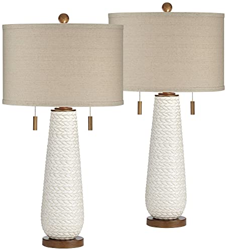 wall lamp Kingston Mid Century Modern Table Lamps 32 3/4" Tall Set of 2 White Textured Ceramic Taupe Drum Shade Decor for Bedroom Living Family Room Bedside Nightstand House Home Office wall lamp - Image 9