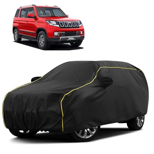 Image of Sulfar 100% Water Resistant Car Body Cover Compatible with Mirror for Mahindra TUV300 (Triple Stitched, Full Bottom Elastic, Black Taffeta with Yellow Piping)